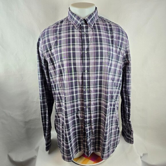 John Varvatos Shirt Mens XL Grey Button Down Plaid Peace Logo Casual Preppy - Picture 1 of 11